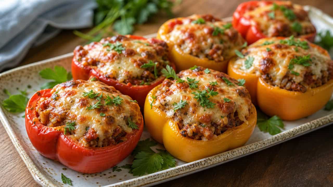 stuffed bell peppers topped with melted bubbly cheese in a wide horizontal shot, arranged on a ceramic platter with fresh herbs, natural light, shallow depth of field, landscape orientation