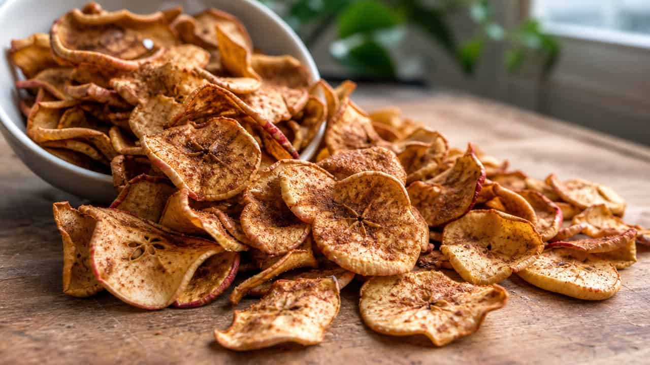 a scattered pile of crispy cinnamon apple chips in a wide horizontal shot, spilling from a small bowl onto a wooden board, natural light, shallow depth of field, landscape orientation