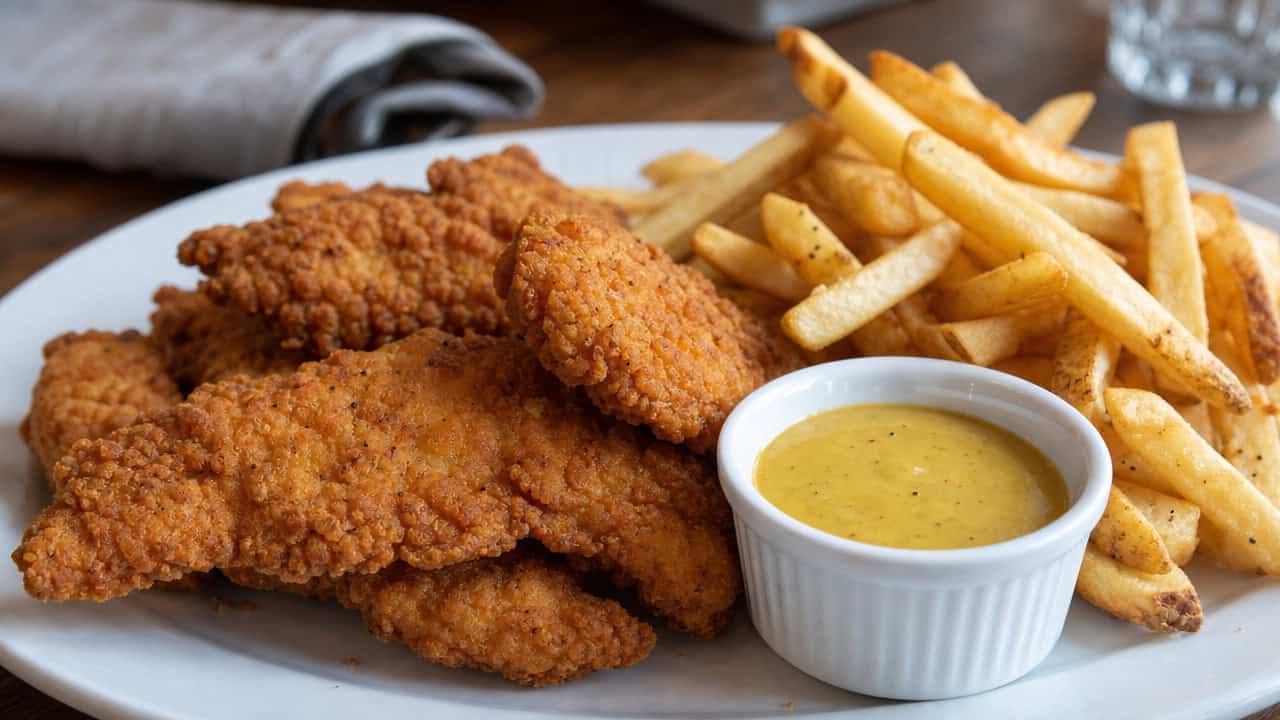 golden crispy chicken tenders in a wide horizontal shot, arranged on a plate with fries and a ramekin of honey mustard, natural light, shallow depth of field, landscape orientation