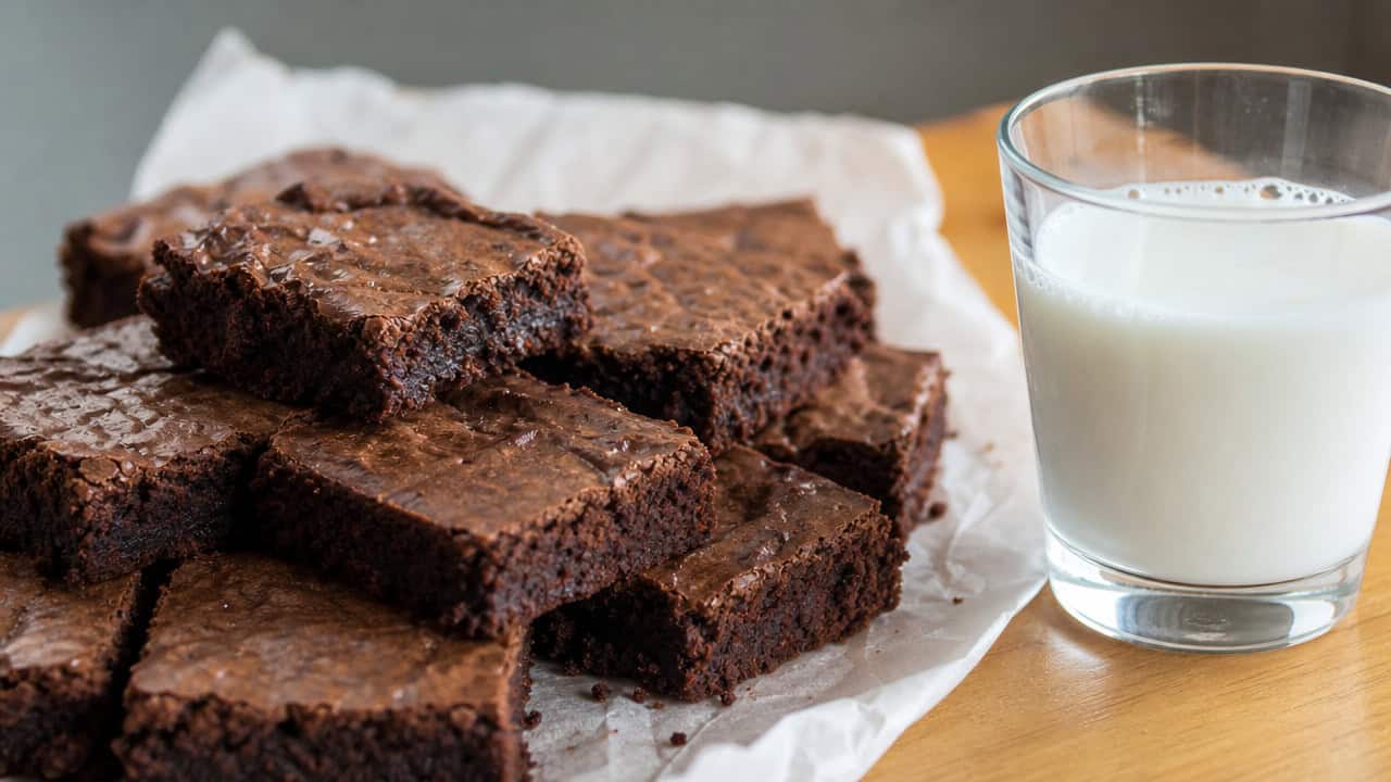 fudgy chocolate brownies cut into squares in a wide horizontal shot, stacked on parchment with a glass of milk beside them, natural light, shallow depth of field, landscape orientation