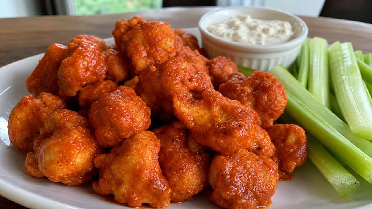 saucy red buffalo cauliflower bites in a wide horizontal shot, piled on a plate with celery sticks and a ramekin of blue cheese dressing, natural light, shallow depth of field, landscape orientation