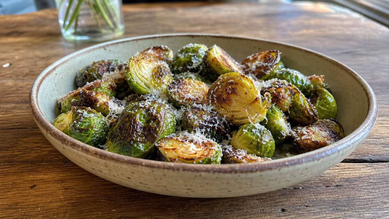 crispy caramelized Brussels sprouts in a wide horizontal shot, dusted with grated parmesan in a rustic serving bowl on a wooden table, natural light, shallow depth of field, landscape orientation