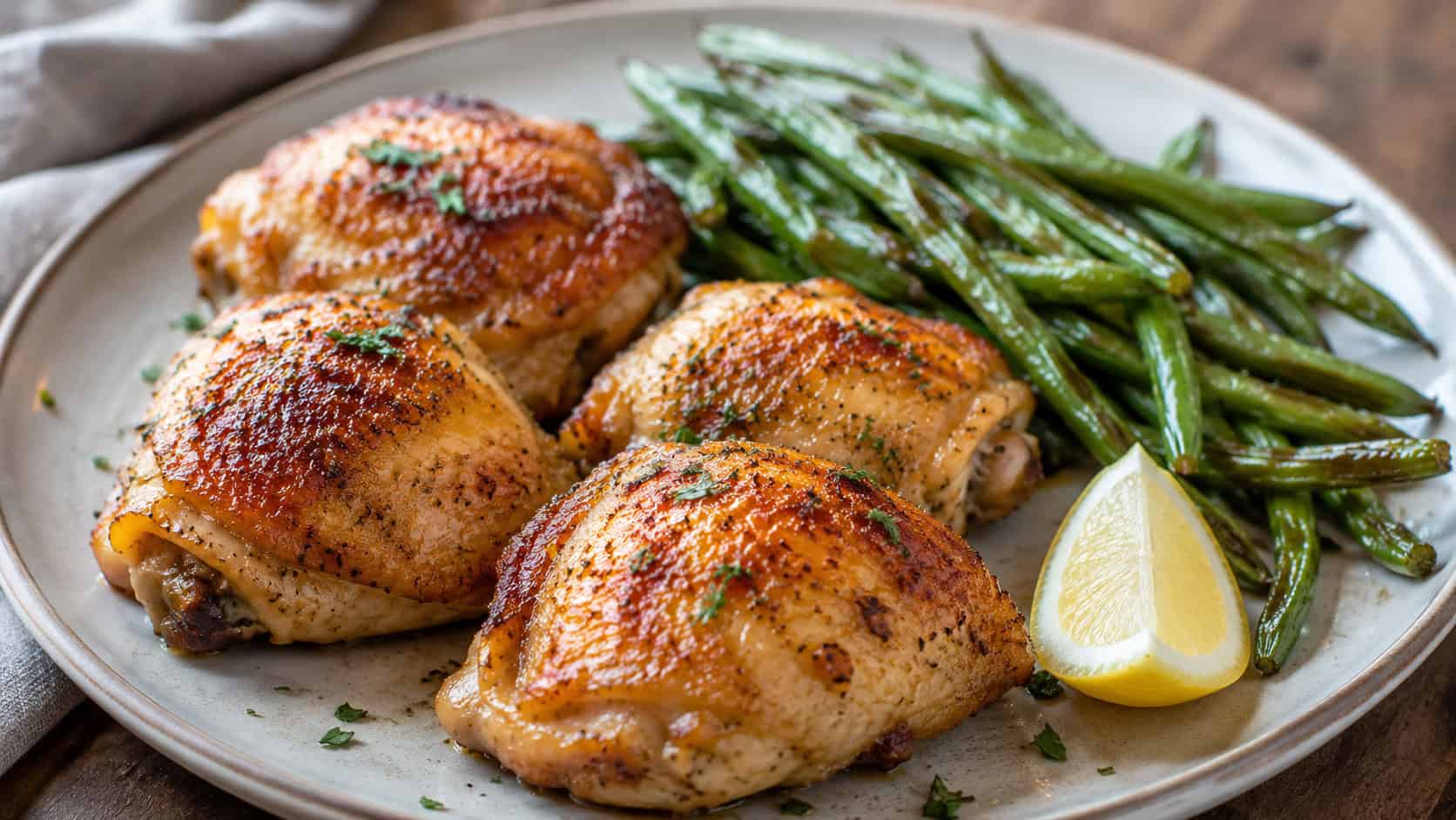 four crispy-skinned chicken thighs in a wide horizontal shot, plated with roasted green beans and a lemon wedge on a ceramic dinner plate, natural light, shallow depth of field, landscape orientation