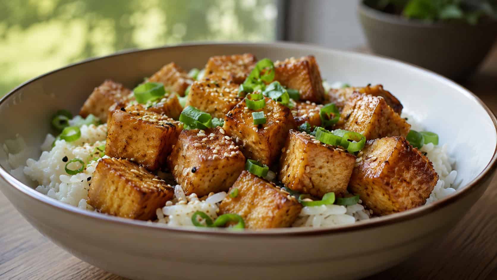 golden crispy tofu cubes in a wide horizontal shot, served over fluffy white rice with scattered sesame seeds and green onion in a shallow bowl, natural light, shallow depth of field, landscape orientation