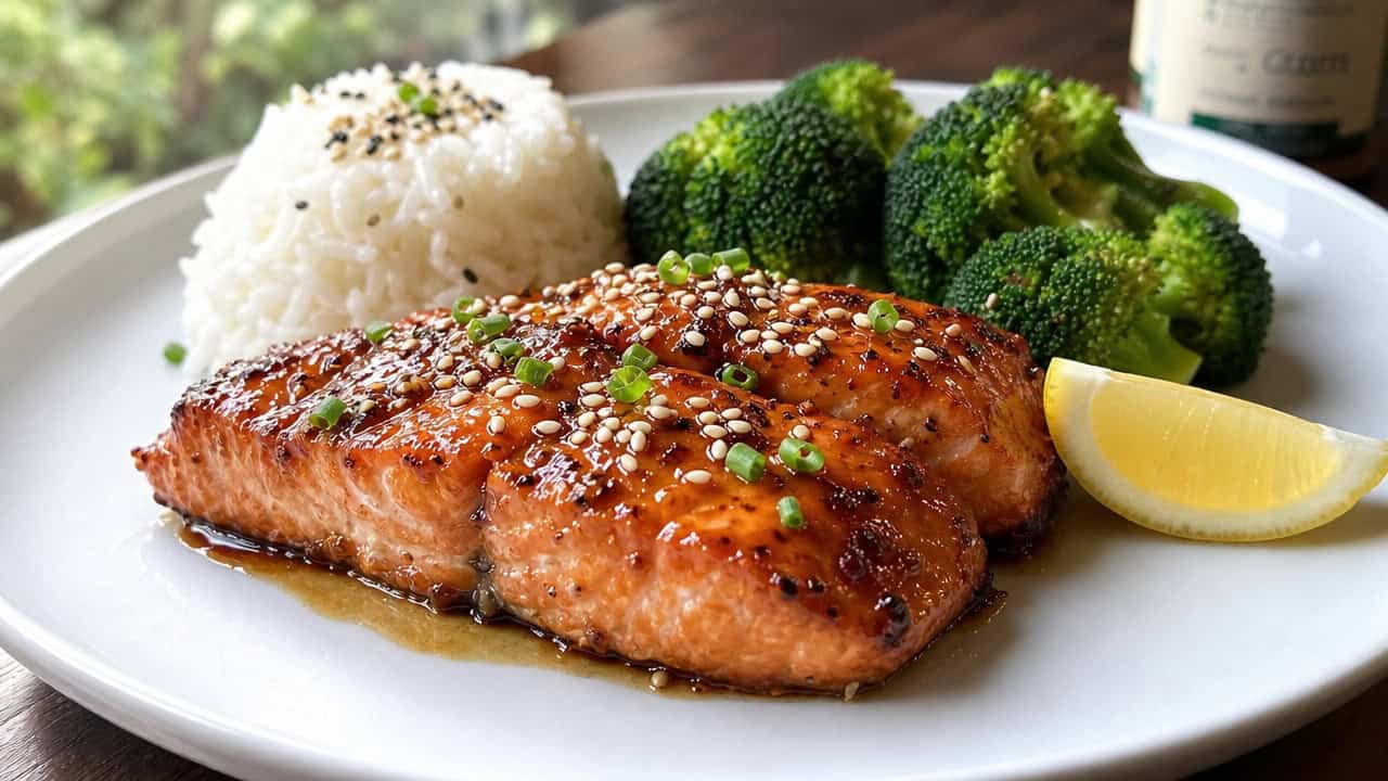 glazed salmon fillets in a wide horizontal shot, plated with a scoop of rice and steamed broccoli, garnished with sesame seeds and a lemon wedge, natural light, shallow depth of field, landscape orientation