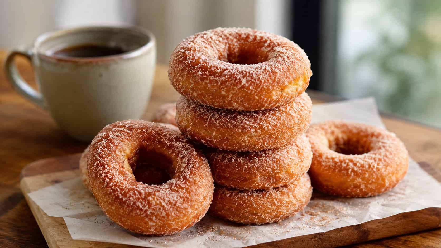 a stack of cinnamon-sugar donuts in a wide horizontal shot, dusted and glistening on a parchment-lined wooden board with a cup of coffee nearby, natural light, shallow depth of field, landscape orientation