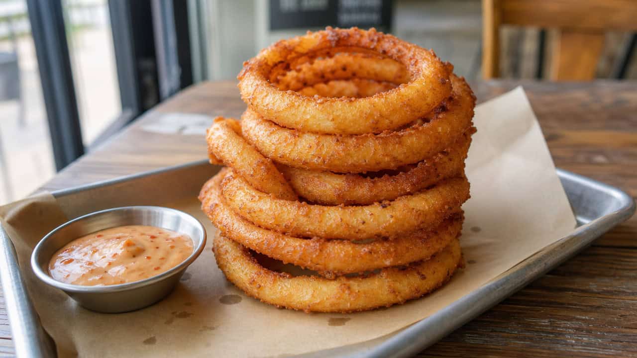 a tall stack of crispy golden onion rings in a wide horizontal shot, served on a parchment-lined tray with a small bowl of spicy mayo, natural light, shallow depth of field, landscape orientation