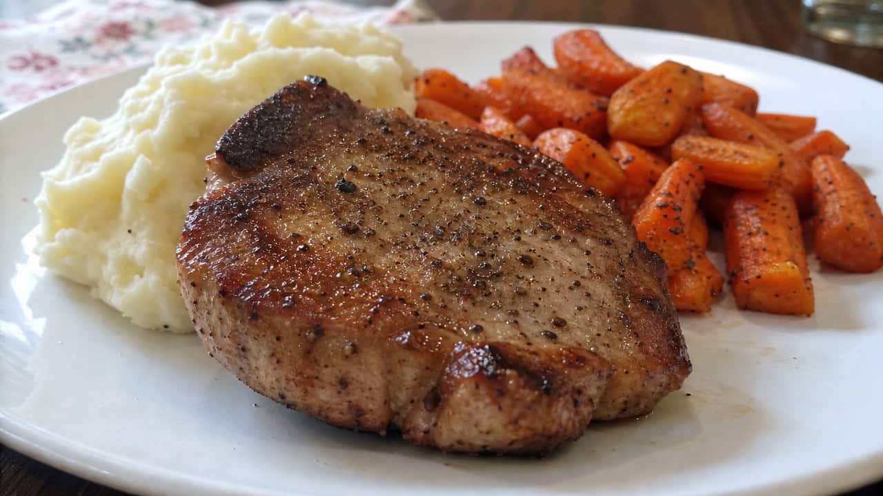 seared seasoned pork chops in a wide horizontal shot, plated with mashed potatoes and roasted carrots on a white dinner plate, natural light, shallow depth of field, landscape orientation