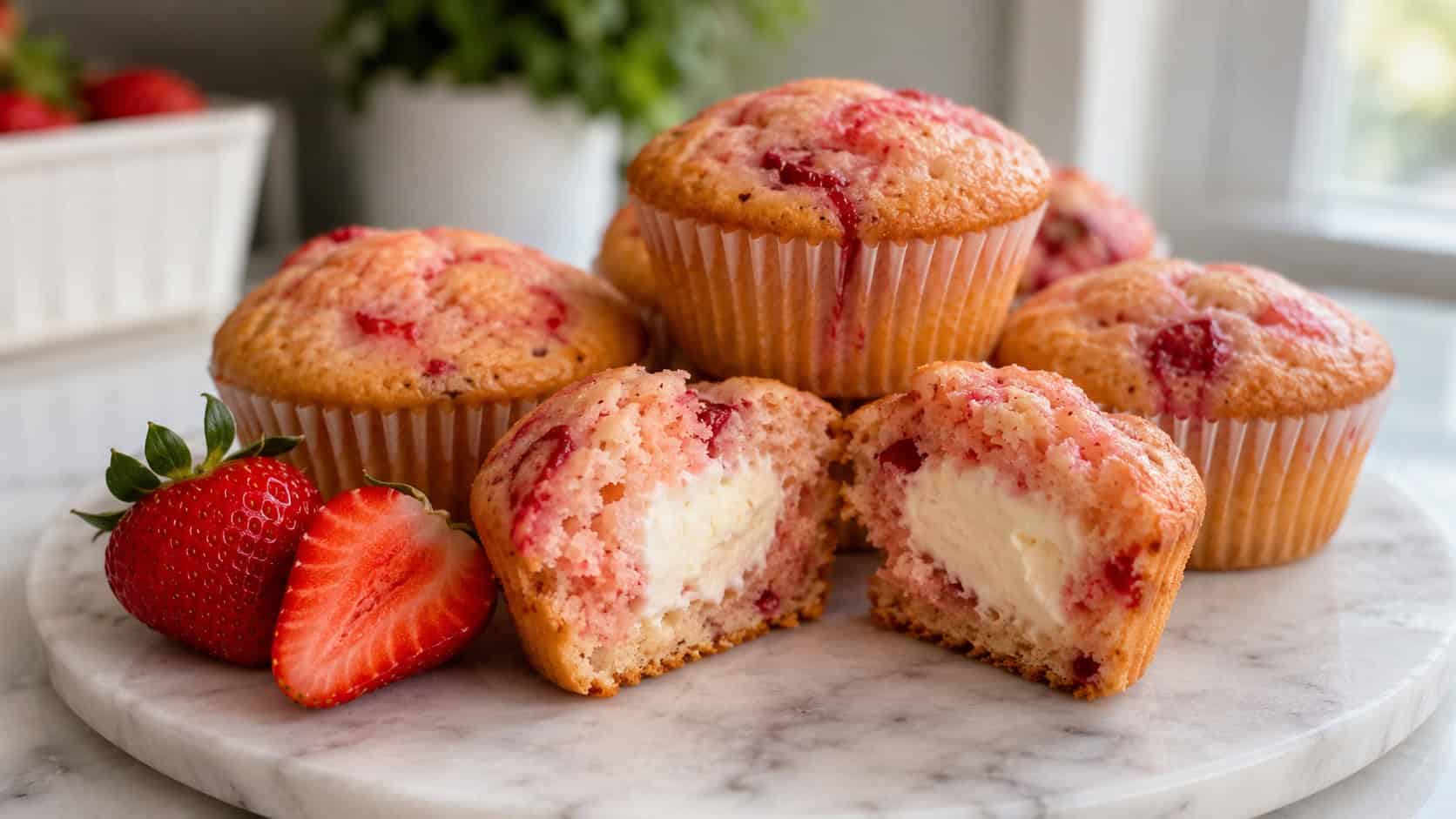 soft pink-flecked strawberry muffins with one split open to reveal a creamy white center in a wide horizontal shot, on a marble plate with fresh strawberries beside them on a bright counter, natural light, shallow depth of field, landscape orientation