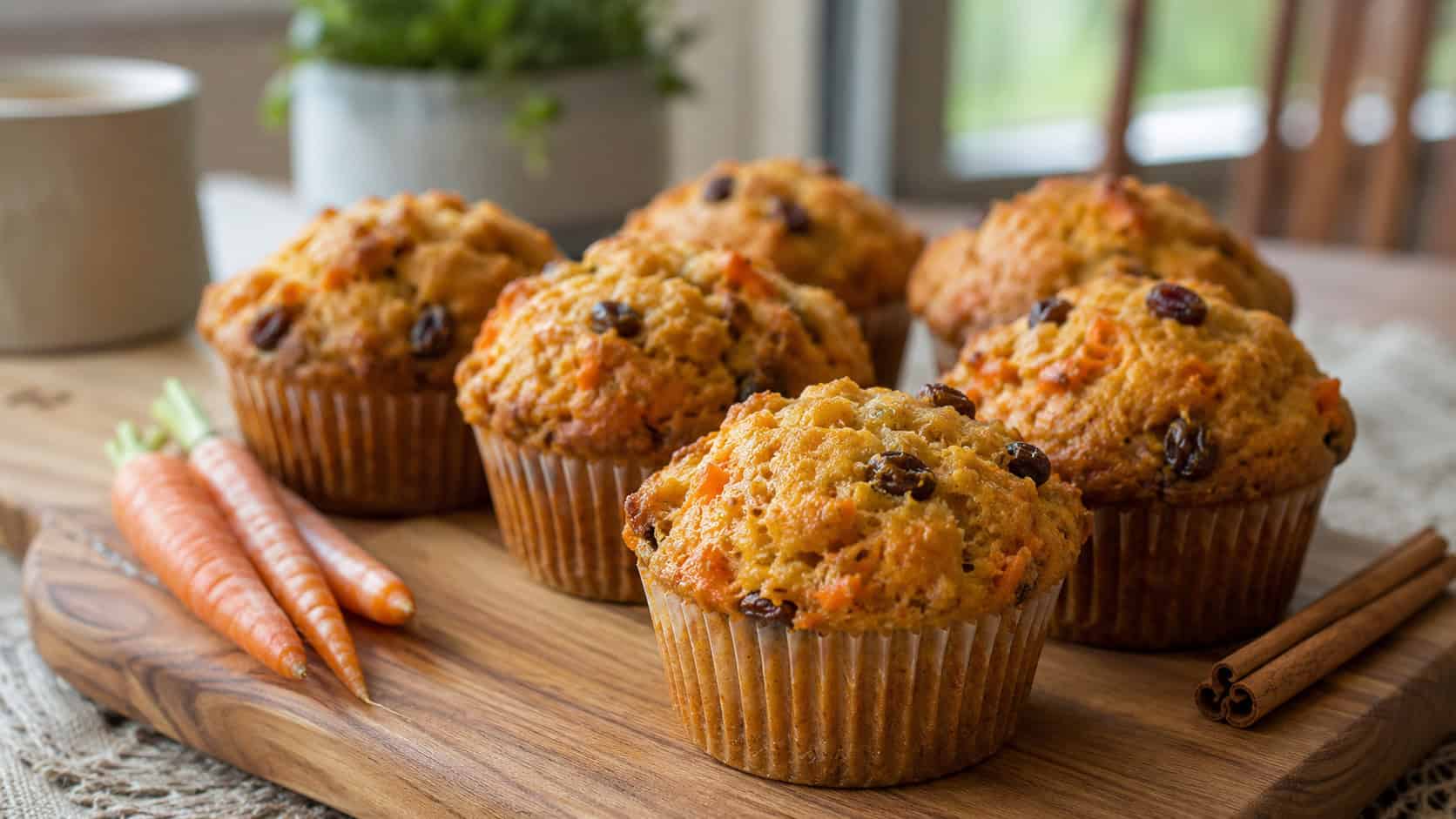 golden carrot cake muffins flecked with orange carrot shreds and raisins in a wide horizontal shot, on a wooden board with a few baby carrots and a cinnamon stick on a cozy table, natural light, shallow depth of field, landscape orientation