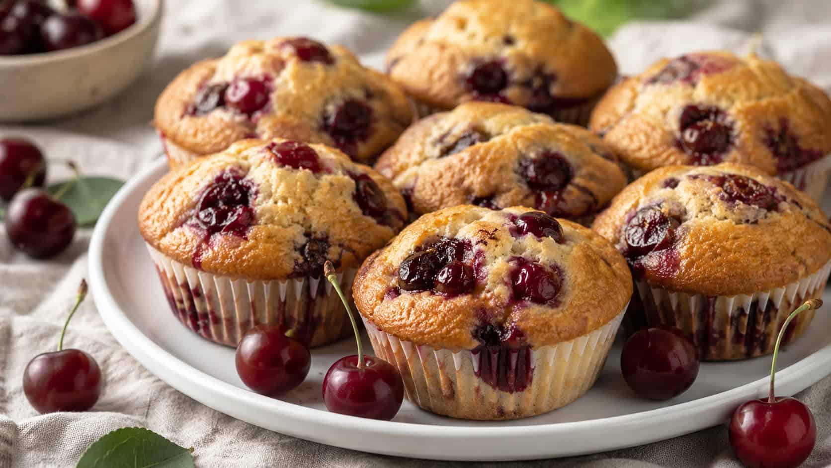 golden muffins bursting with deep red cherry pieces in a wide horizontal shot, on a white plate with fresh cherries scattered around on a soft linen surface, natural light, shallow depth of field, landscape orientation
