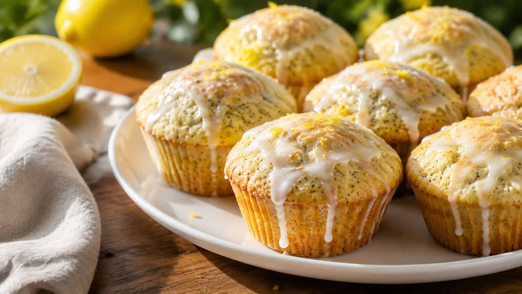 pale golden lemon poppy seed muffins with a glossy white glaze drizzle and lemon zest in a wide horizontal shot, arranged on a white plate with lemon halves and a linen napkin on a sunny table, natural light, shallow depth of field, landscape orientation
