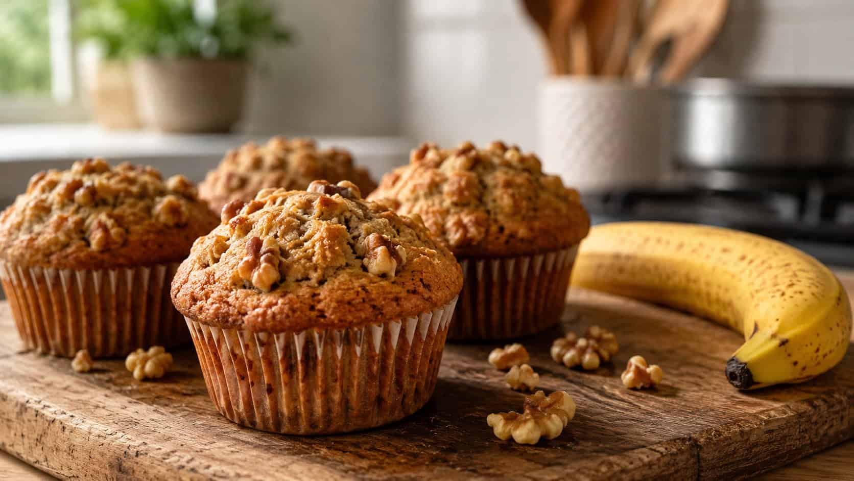 golden-brown banana nut muffins with cracked domed tops and visible walnut pieces in a wide horizontal shot, on a rustic wooden board beside a ripe banana on a warm kitchen counter, natural light, shallow depth of field, landscape orientation