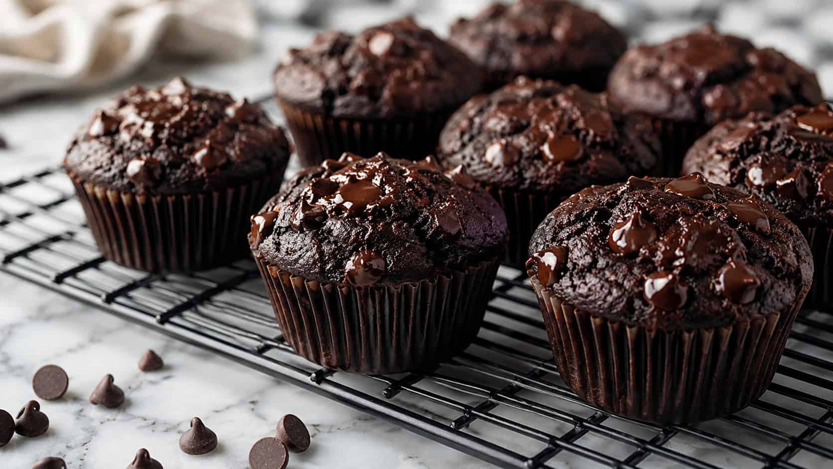 deep dark chocolate muffins with glossy melted chocolate chips on top in a wide horizontal shot, on a cooling rack with a few loose chocolate chips scattered on a marble counter, natural light, shallow depth of field, landscape orientation