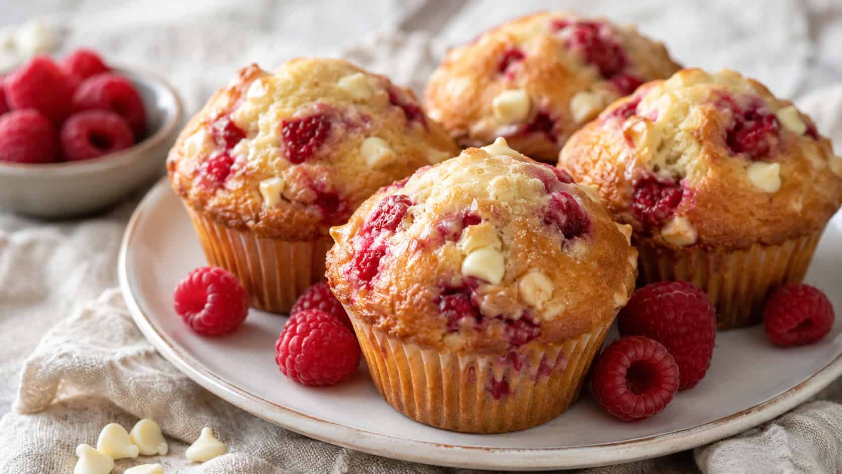 golden muffins flecked with bright red raspberries and creamy white chocolate in a wide horizontal shot, on a pale ceramic plate with fresh raspberries scattered around on a soft linen surface, natural light, shallow depth of field, landscape orientation