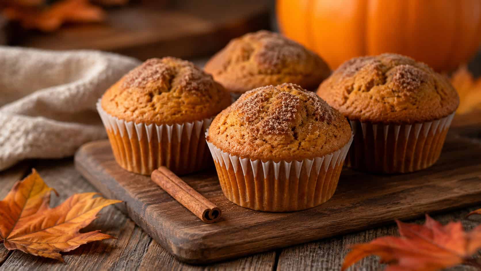 warm orange-hued pumpkin spice muffins with domed tops dusted in cinnamon in a wide horizontal shot, on a wooden board with a small cinnamon stick and autumn leaves on a cozy table, natural light, shallow depth of field, landscape orientation