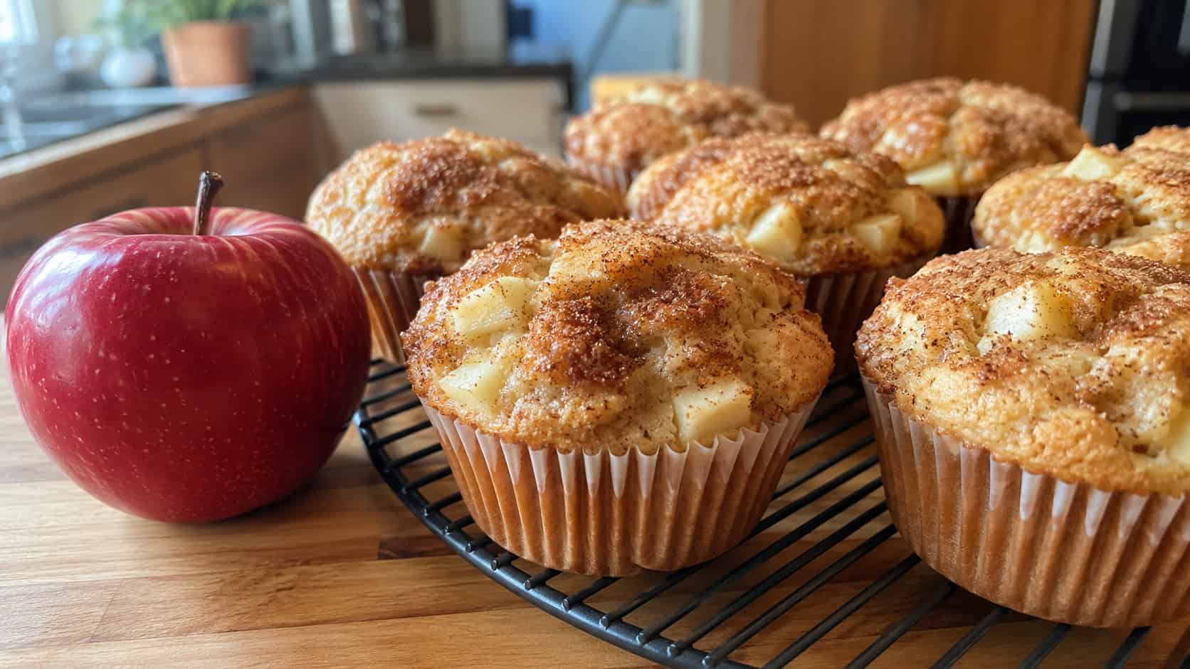 golden apple cinnamon muffins with visible chunks of apple and a cinnamon-sugar top in a wide horizontal shot, on a wire rack beside a whole red apple on a warm wooden counter, natural light, shallow depth of field, landscape orientation