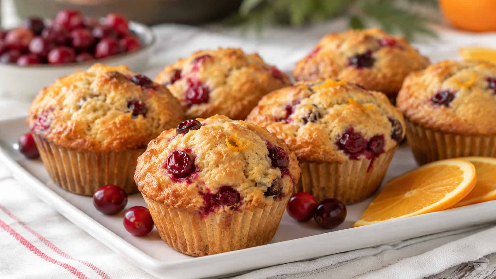 golden muffins studded with ruby-red cranberries and orange zest in a wide horizontal shot, on a white platter with orange slices and a few whole cranberries on a bright linen tablecloth, natural light, shallow depth of field, landscape orientation