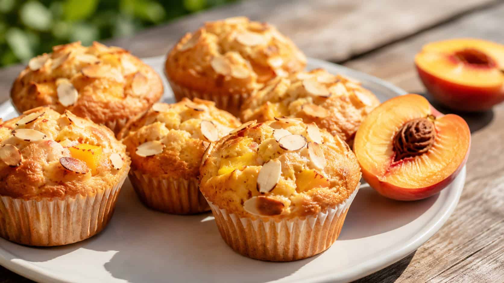golden muffins topped with toasted sliced almonds and flecked with juicy peach in a wide horizontal shot, on a pale plate beside fresh peach halves on a sunny wooden table, natural light, shallow depth of field, landscape orientation