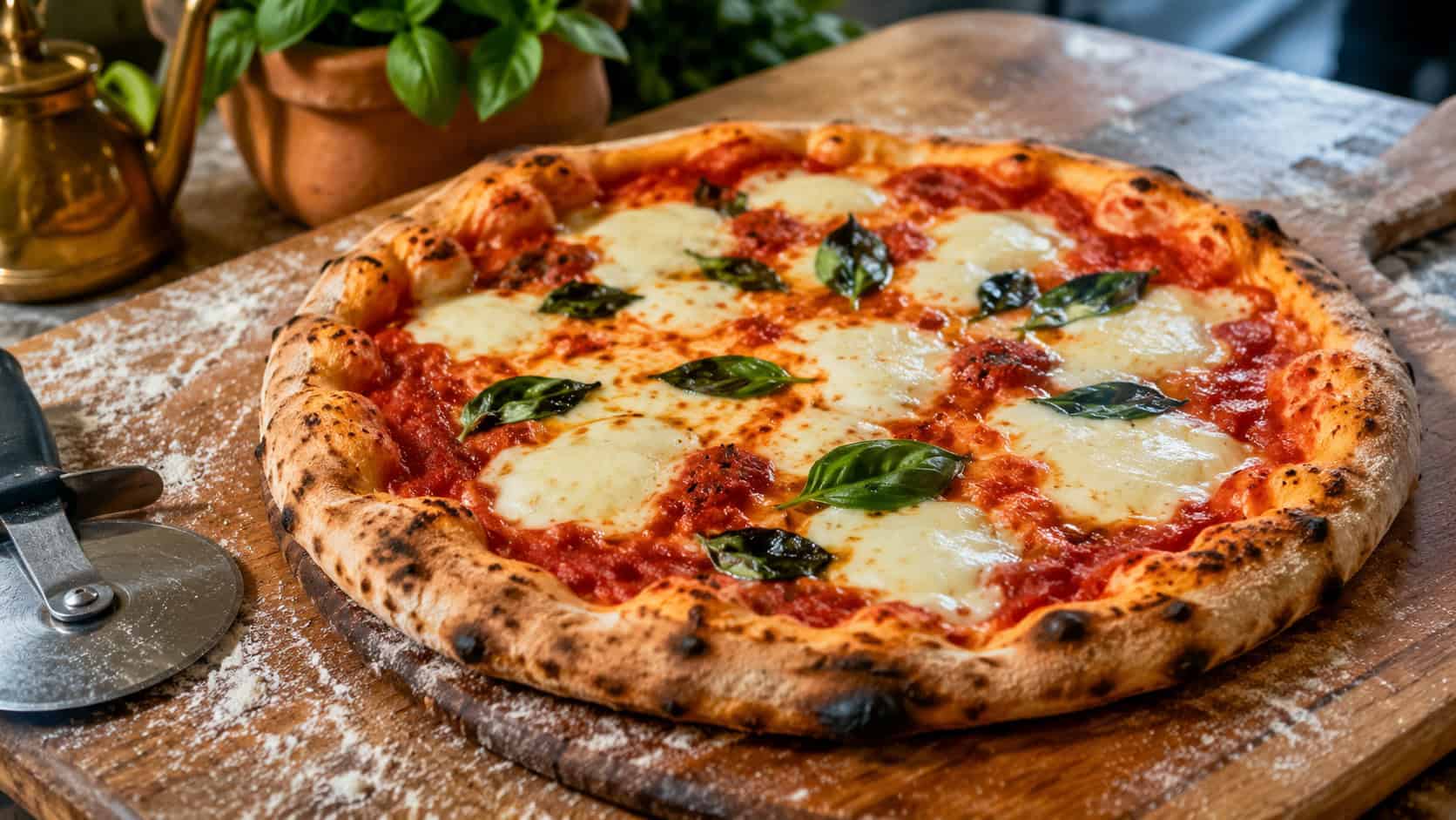 a bubbling Margherita pizza with pools of melted mozzarella, red sauce and fresh basil leaves in a wide horizontal shot, on a wooden pizza peel dusted with flour beside a slicer on a rustic counter, natural light, shallow depth of field, landscape orientation
