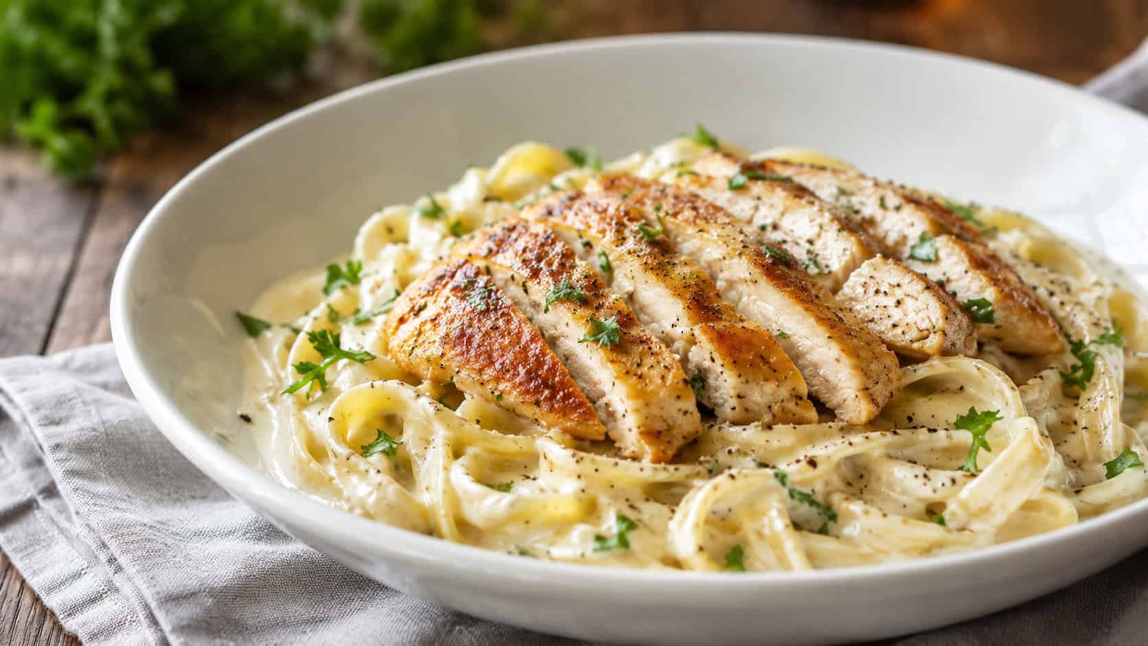 creamy fettuccine Alfredo topped with golden sliced chicken and cracked pepper in a wide horizontal shot, served in a shallow white bowl with a sprinkle of parsley on a soft linen napkin, natural light, shallow depth of field, landscape orientation