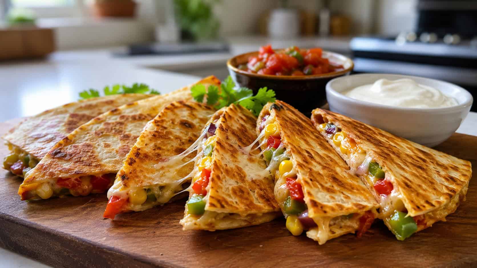 golden quesadilla wedges with melted cheese stretching and colorful veggies inside in a wide horizontal shot, fanned out on a wooden board with small bowls of salsa and sour cream on a bright counter, natural light, shallow depth of field, landscape orientation