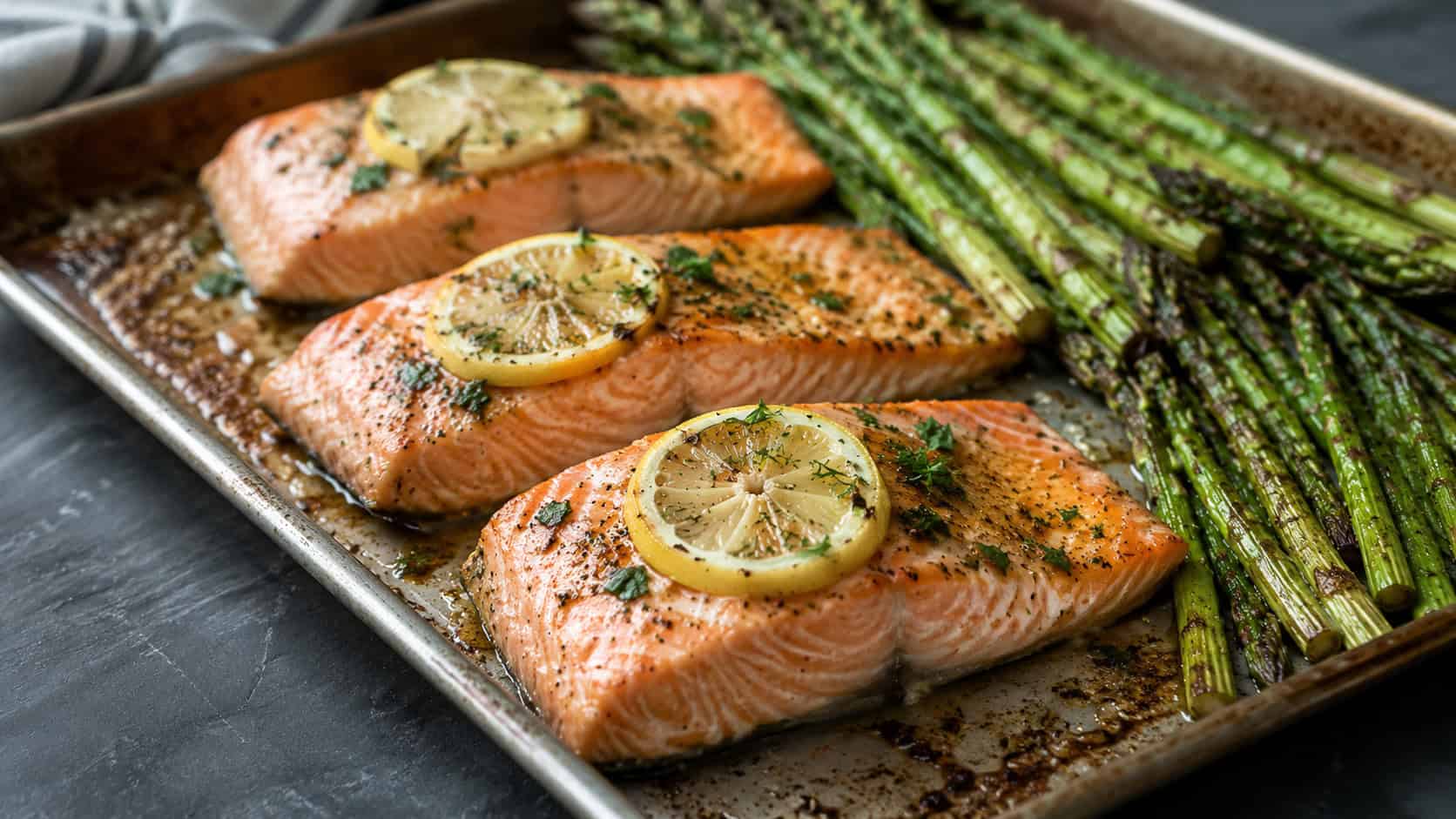 flaky baked salmon fillets topped with lemon slices and herbs in a wide horizontal shot, arranged on a sheet pan with roasted asparagus beside them on a slate surface, natural light, shallow depth of field, landscape orientation