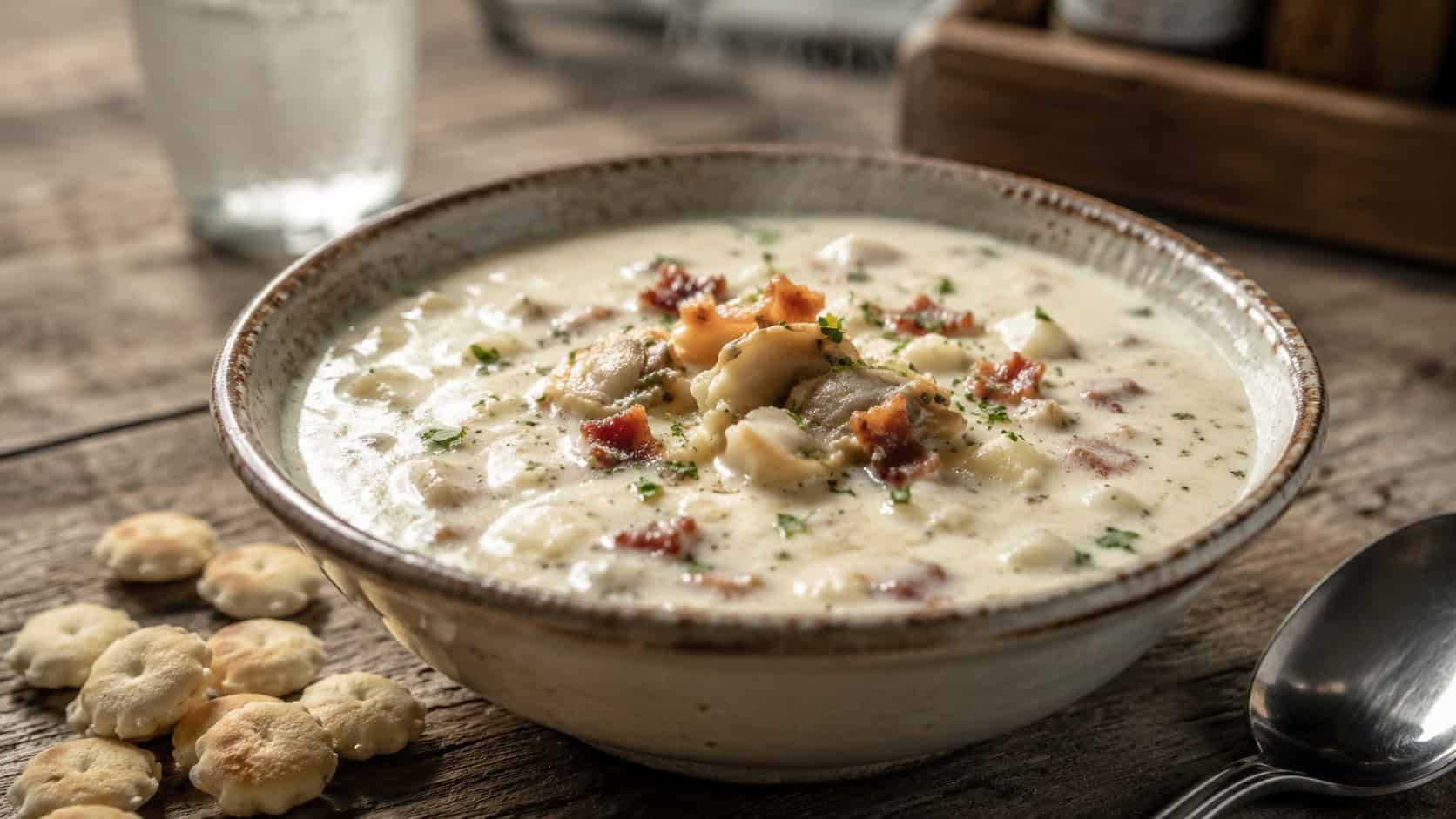 a steaming bowl of creamy white clam chowder flecked with bacon and herbs in a wide horizontal shot, served in a rustic bowl with oyster crackers and a spoon on a weathered wooden table, natural light, shallow depth of field, landscape orientation
