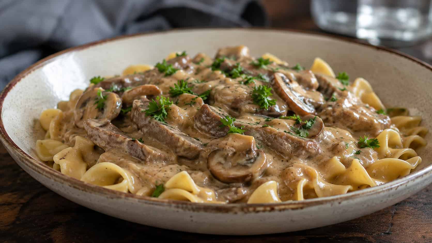 creamy beef stroganoff with mushrooms ladled over wide egg noodles in a wide horizontal shot, served in a shallow bowl garnished with parsley on a cozy dark table, natural light, shallow depth of field, landscape orientation