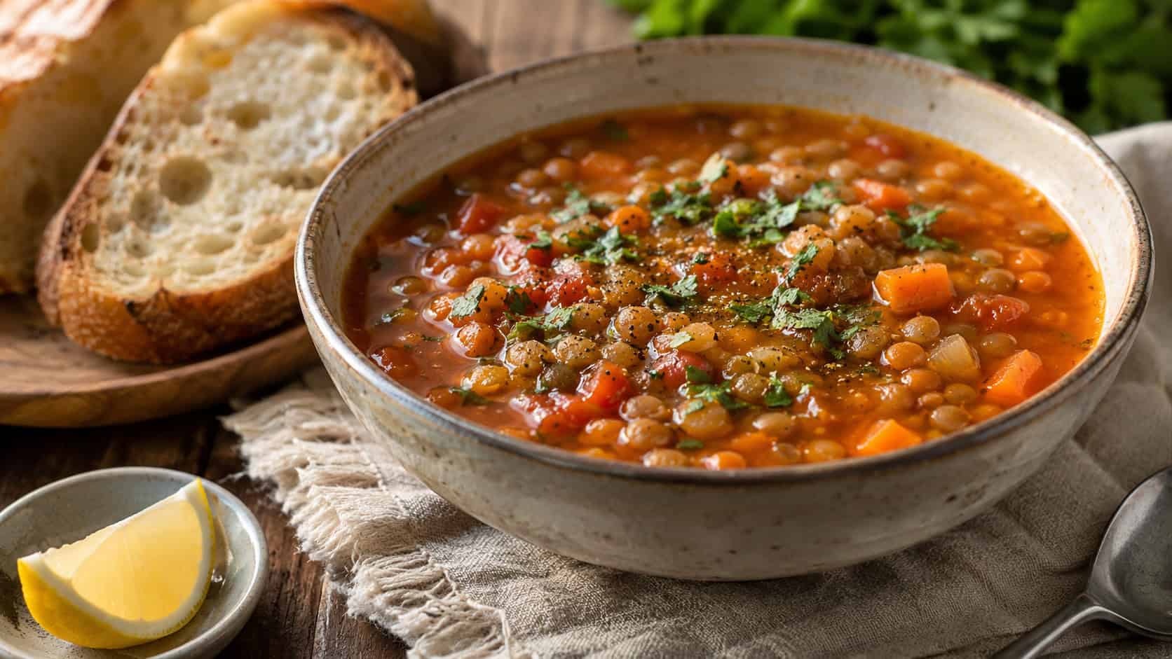 a hearty bowl of lentil soup with carrots and tomatoes in a warm reddish broth in a wide horizontal shot, served in a stoneware bowl with crusty bread and a lemon wedge on a rustic table, natural light, shallow depth of field, landscape orientation
