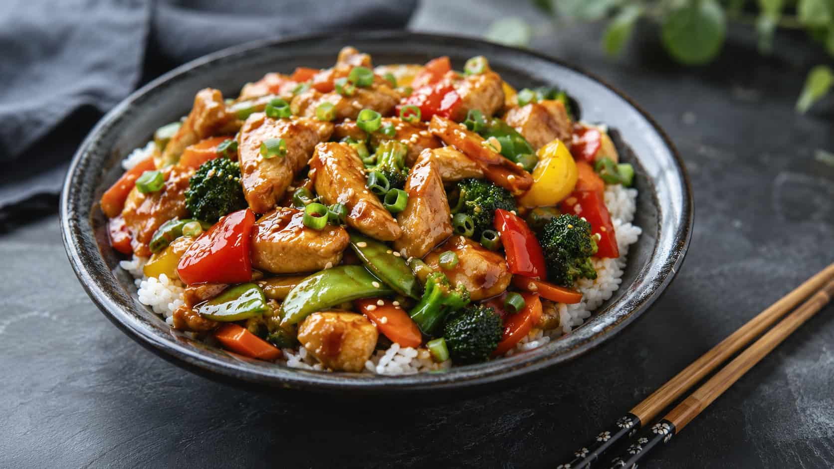 a colorful chicken and vegetable stir-fry glistening in a savory glaze in a wide horizontal shot, served in a dark ceramic bowl over fluffy white rice with chopsticks on a slate surface, natural light, shallow depth of field, landscape orientation