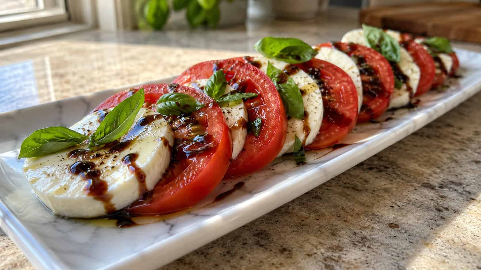 overlapping rounds of red tomato and creamy white mozzarella with fresh basil and a balsamic drizzle in a wide horizontal shot, arranged on a long marble platter on a sunlit kitchen counter, natural light, shallow depth of field, landscape orientation
