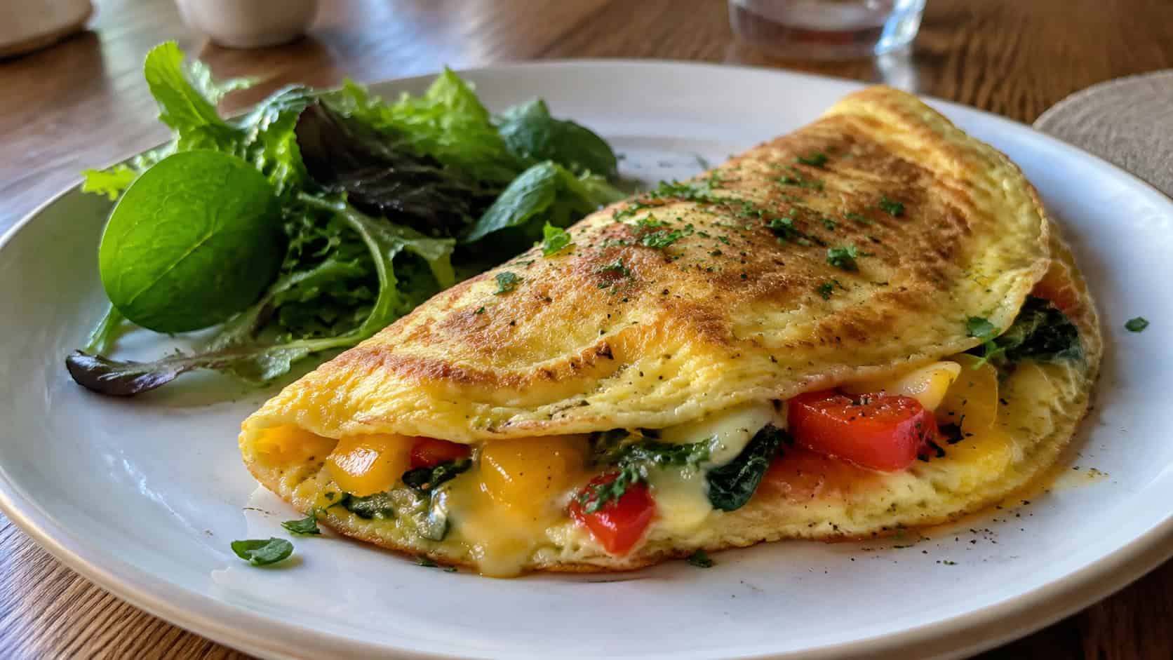 a golden folded vegetable omelette with melted cheese peeking out and colorful peppers inside in a wide horizontal shot, plated with a side of greens on a white plate atop a wooden breakfast table, natural light, shallow depth of field, landscape orientation