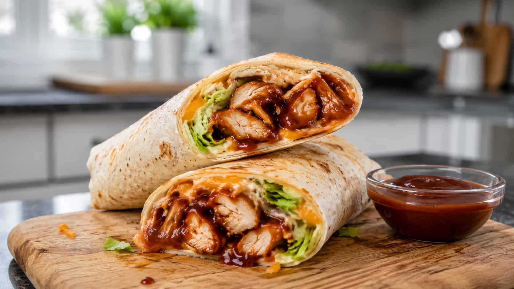 a BBQ chicken wrap sliced on the diagonal showing saucy chicken, lettuce and cheese in a wide horizontal shot, stacked on a wooden board with a small bowl of barbecue sauce on a kitchen counter, natural light, shallow depth of field, landscape orientation