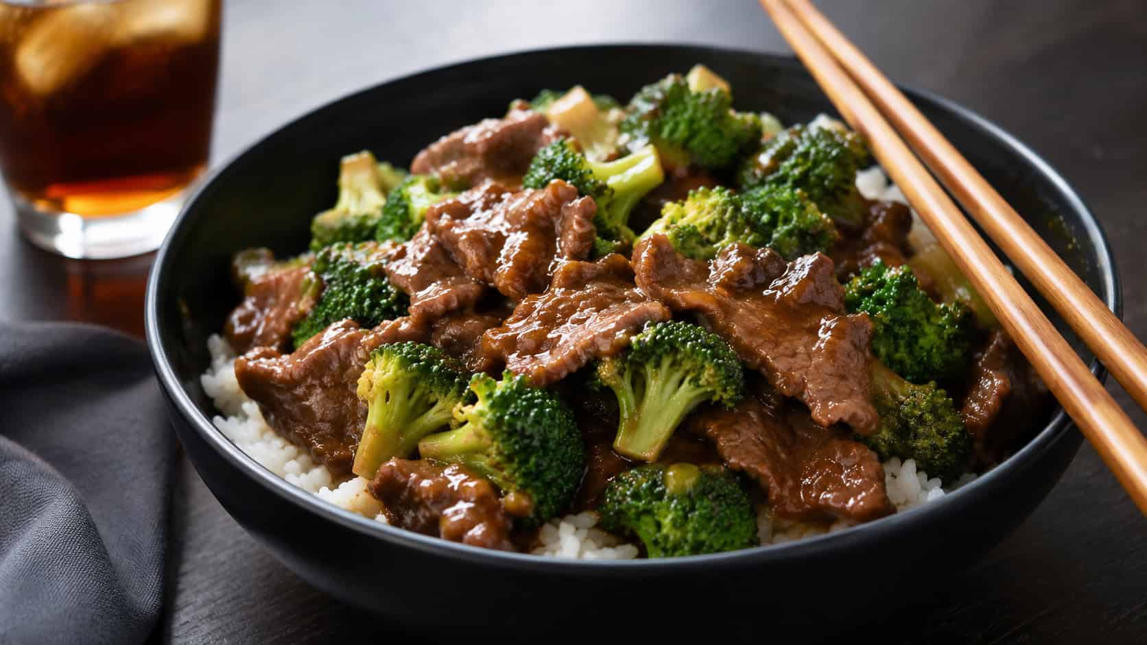 glossy beef and bright green broccoli coated in a savory brown sauce in a wide horizontal shot, served in a black bowl over steamed rice with chopsticks resting on the rim on a dark table, natural light, shallow depth of field, landscape orientation