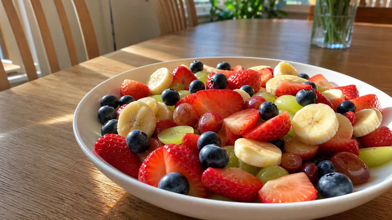 a colorful fruit salad with strawberries, blueberries, banana slices, and grapes in a wide white bowl, set on a sunny kitchen table, natural light, shallow depth of field, landscape orientation