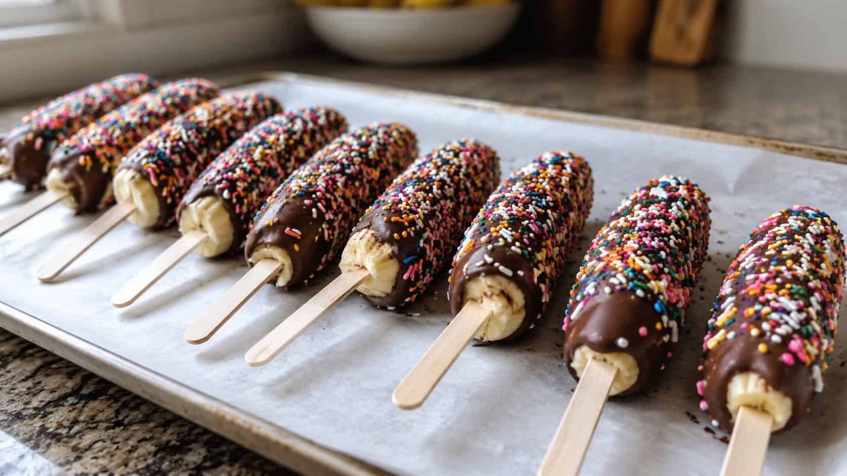 chocolate-dipped frozen banana pops covered in colorful sprinkles, lined up on a wide parchment tray on a counter, natural light, shallow depth of field, landscape orientation