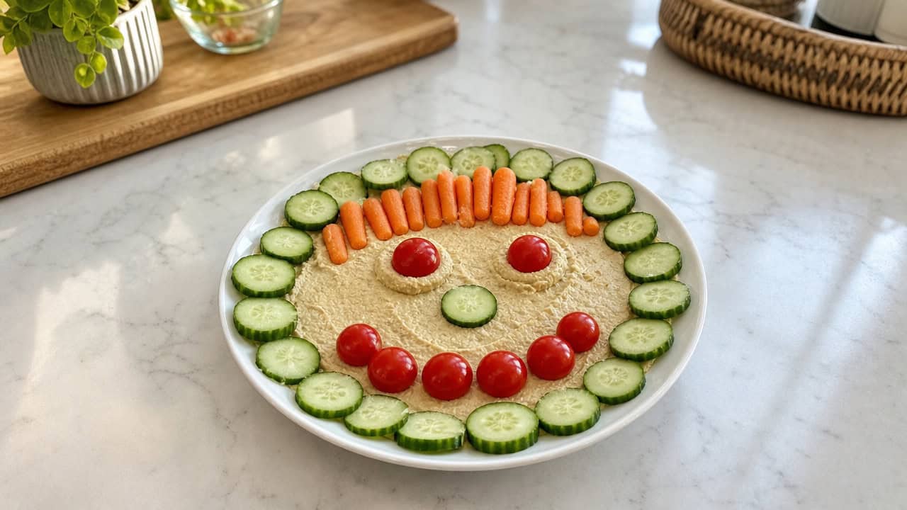 a hummus veggie face plate decorated with cherry tomatoes, cucumber, and carrots into a smiling face, shown wide on a bright kitchen table, natural light, shallow depth of field, landscape orientation