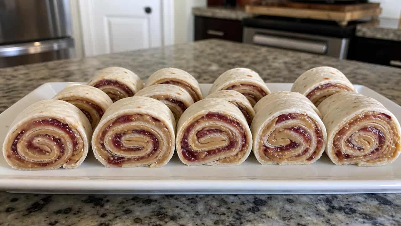 peanut butter and jelly tortilla pinwheels showing a swirl pattern, arranged in a wide row on a plate on a kitchen counter, natural light, shallow depth of field, landscape orientation