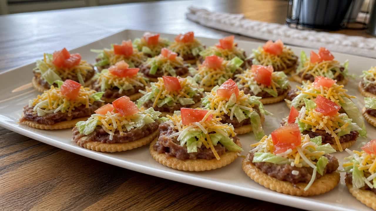 mini cracker tacos topped with refried beans, cheese, lettuce, and diced tomato, arranged across a wide plate on a table, natural light, shallow depth of field, landscape orientation