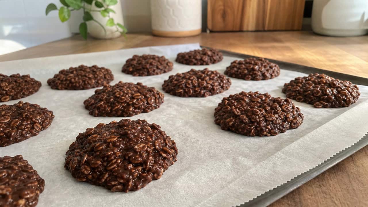 a tray of fudgy no-bake chocolate oat cookies cooling on parchment paper, arranged in a wide row on a wooden counter, natural light, shallow depth of field, landscape orientation