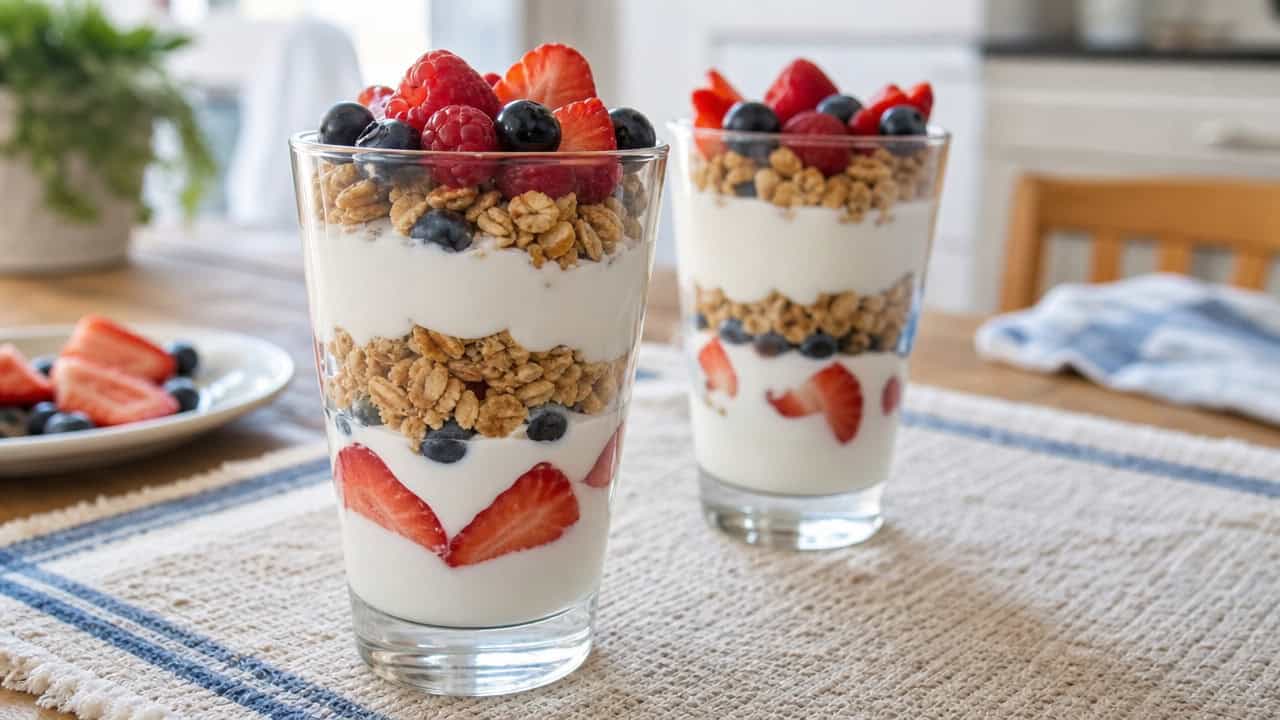 two layered yogurt parfaits in tall clear glasses with granola and fresh berries, lined up on a bright breakfast table, natural light, shallow depth of field, landscape orientation