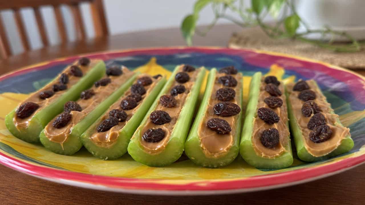 celery sticks filled with peanut butter and topped with raisins arranged in a wide row on a colorful plate, set on a kitchen table, natural light, shallow depth of field, landscape orientation