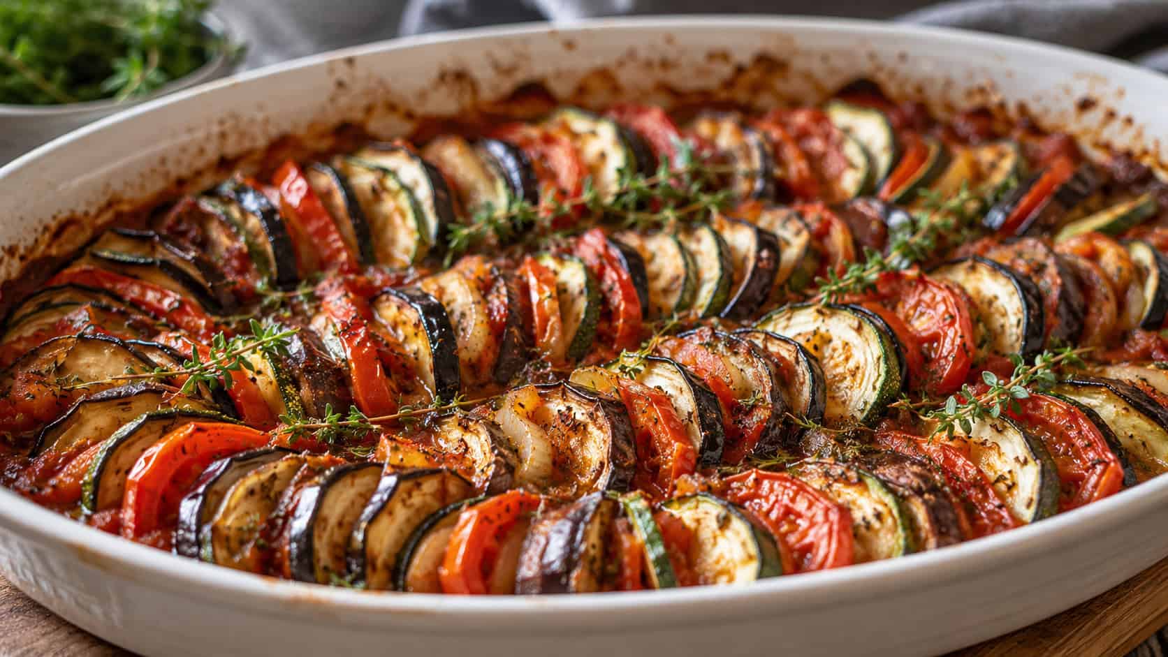 vegetable ratatouille bake in a wide horizontal shot, overlapping rows of eggplant, zucchini, and tomato over tomato sauce in a baking dish with thyme, natural light, shallow depth of field, landscape orientation