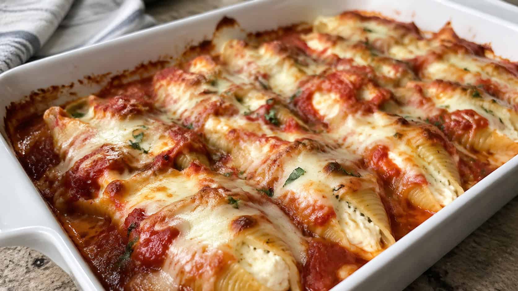 cheesy stuffed shells in a wide horizontal shot, jumbo shells filled with ricotta under melted mozzarella and marinara in a baking dish, natural light, shallow depth of field, landscape orientation