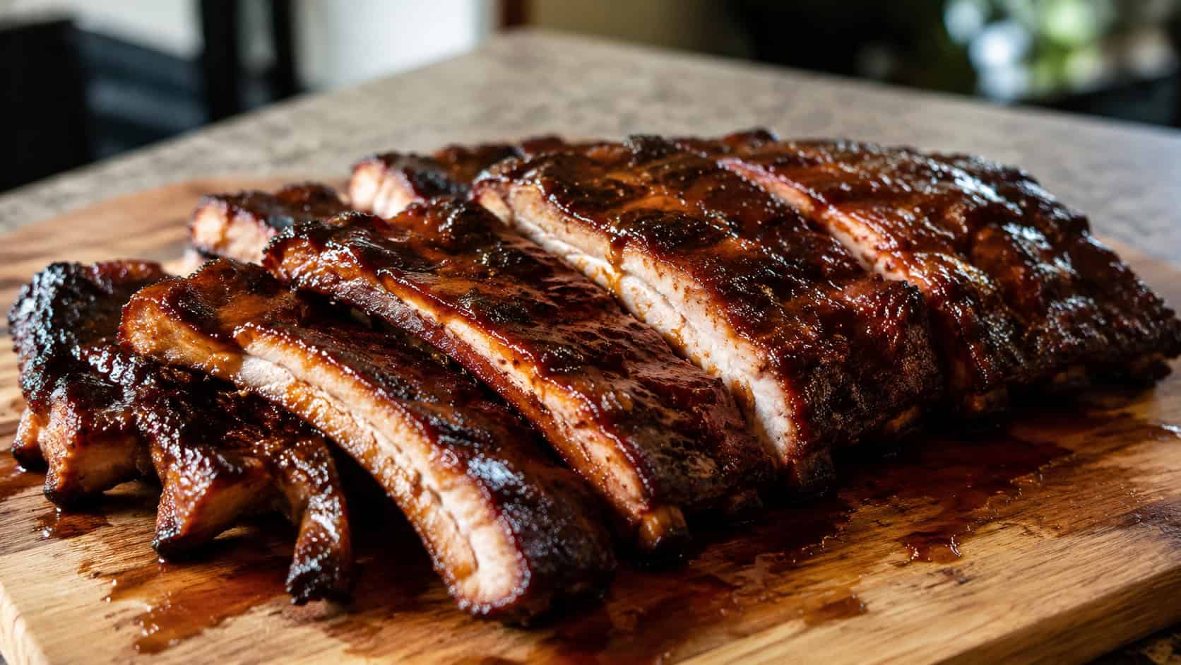 oven-baked BBQ ribs in a wide horizontal shot, glossy lacquered ribs sliced on a wooden board, natural light, shallow depth of field, landscape orientation