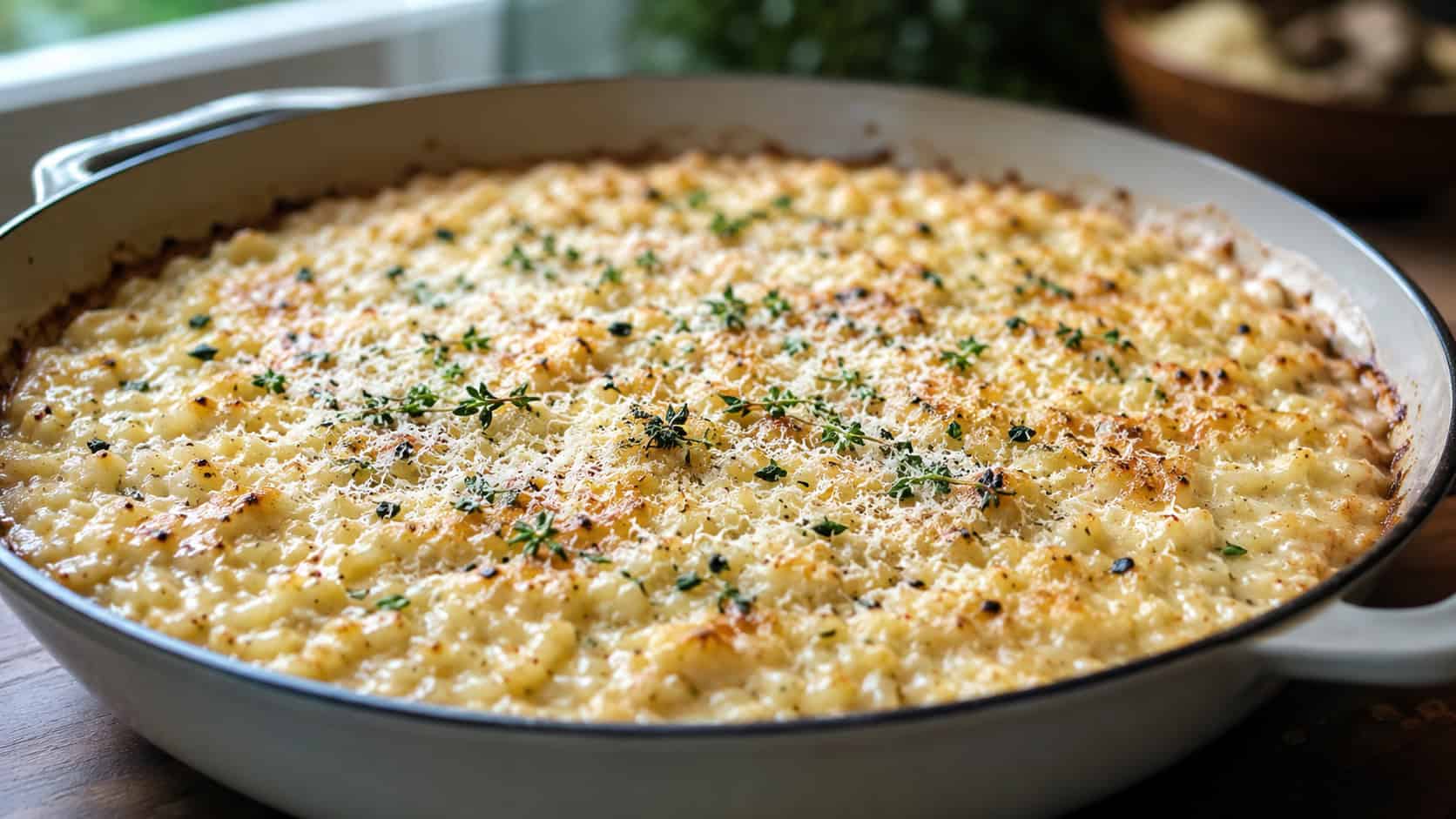 creamy baked risotto in a wide horizontal shot, glossy cheesy rice in a wide skillet topped with Parmesan and herbs, natural light, shallow depth of field, landscape orientation