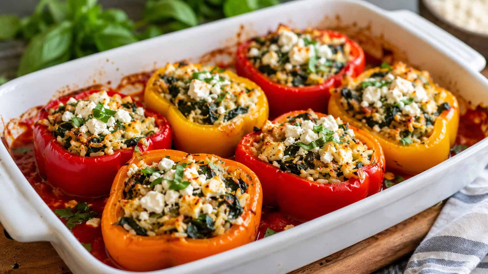 spinach and feta stuffed peppers in a wide horizontal shot, colorful bell peppers filled with rice and feta in a baking dish with marinara, natural light, shallow depth of field, landscape orientation