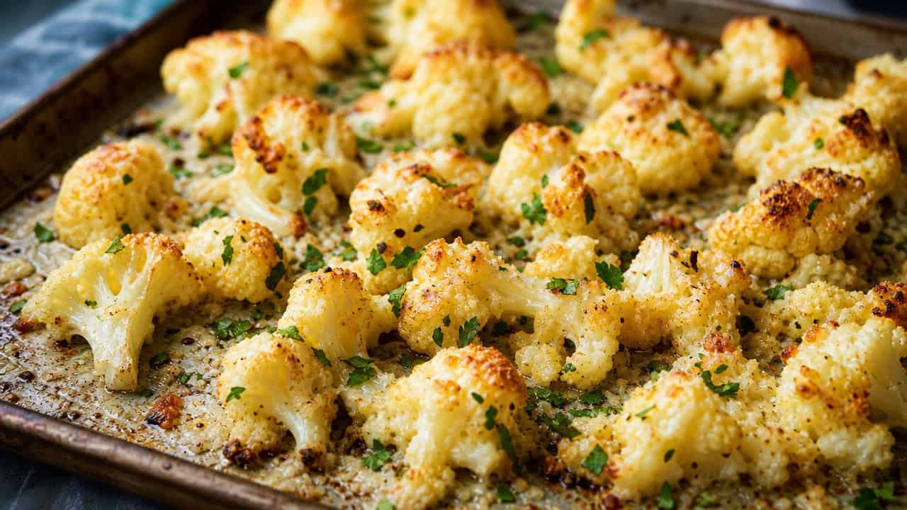 Parmesan roasted cauliflower in a wide horizontal shot, golden crispy florets with melted cheese and parsley on a baking sheet, natural light, shallow depth of field, landscape orientation