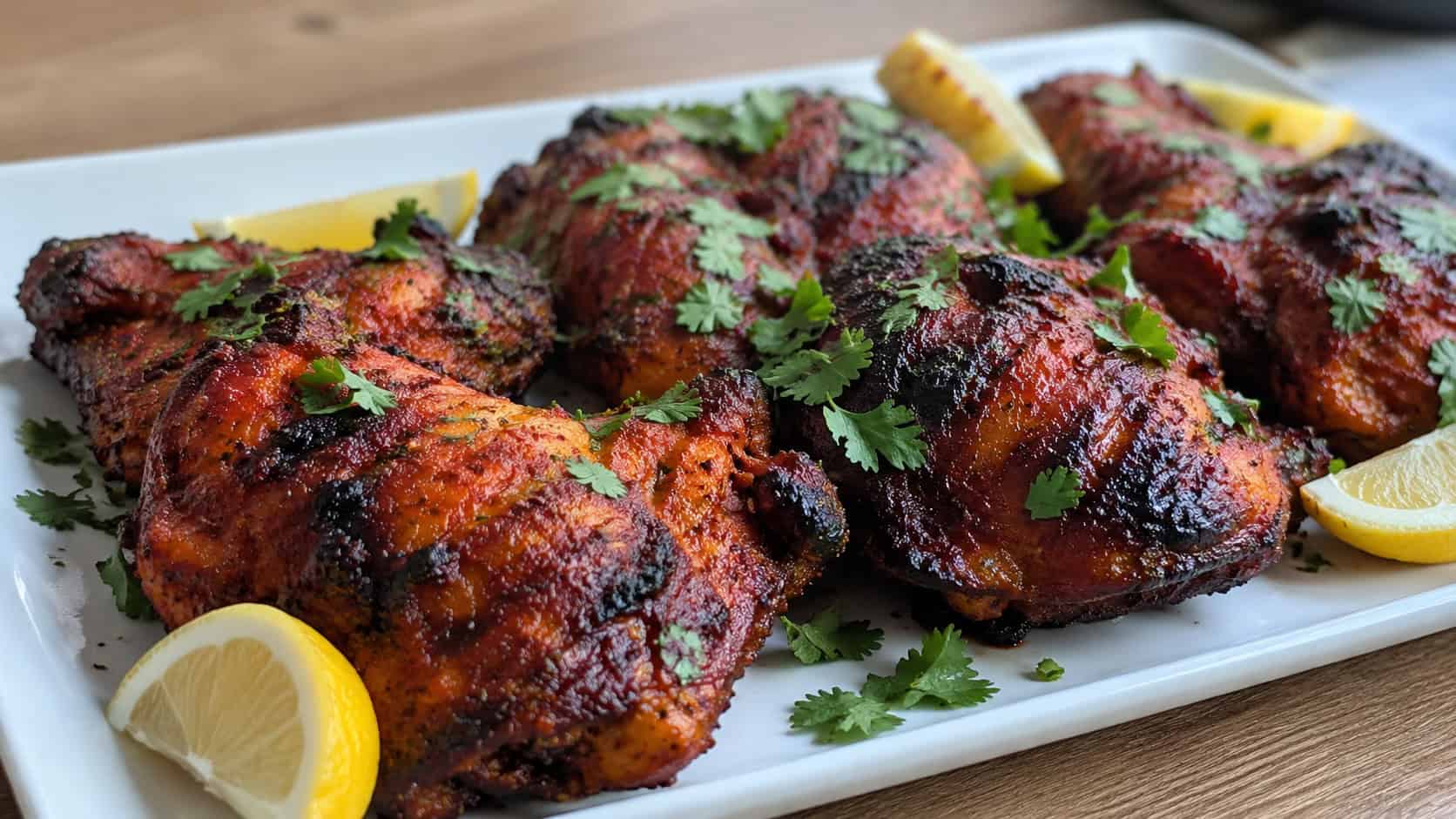 tandoori baked chicken in a wide horizontal shot, deep red spiced thighs charred at the edges with cilantro and lemon wedges on a platter, natural light, shallow depth of field, landscape orientation
